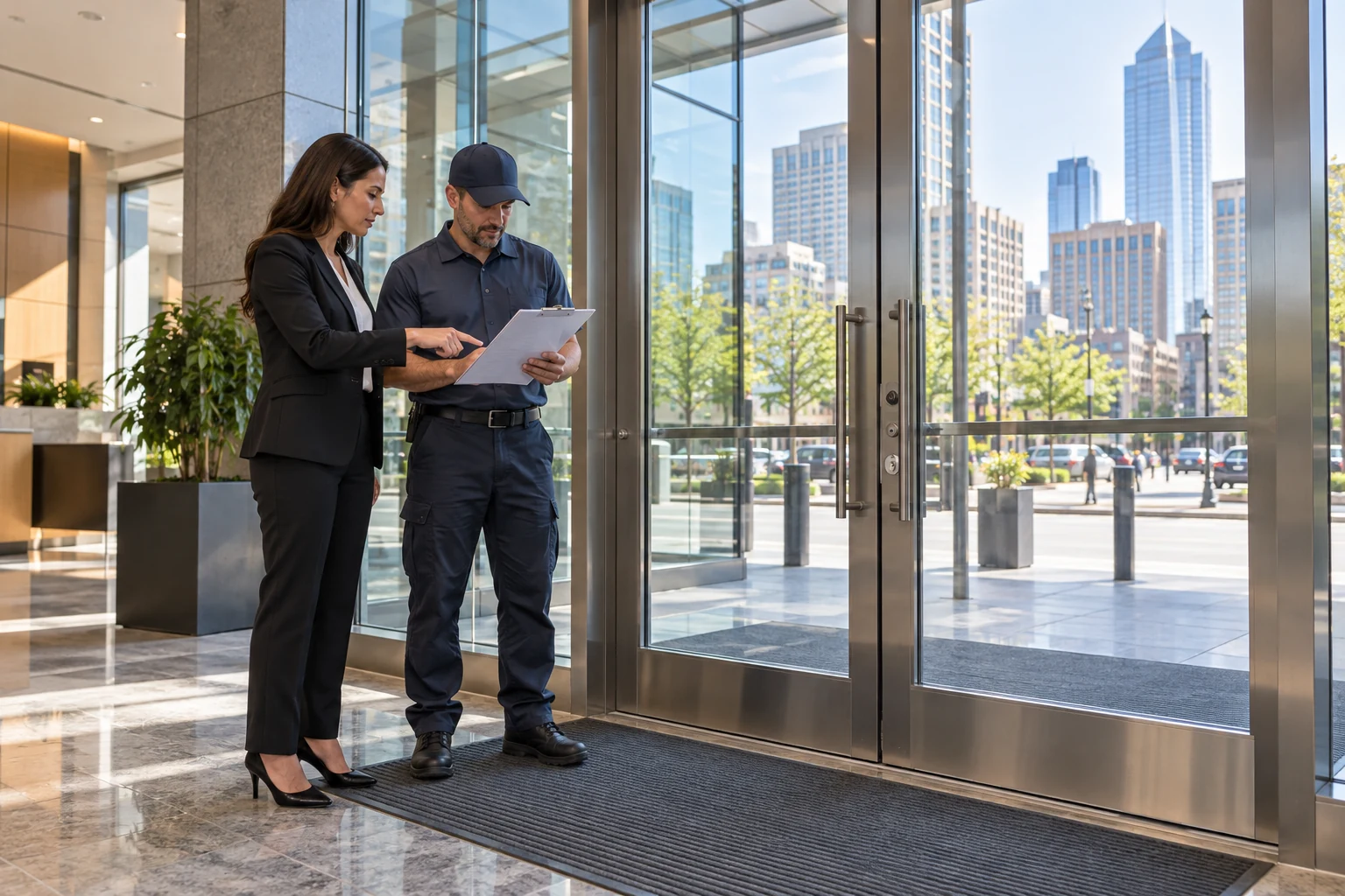 Building manager and door-hardware technician completing a Downtown Denver commercial access audit