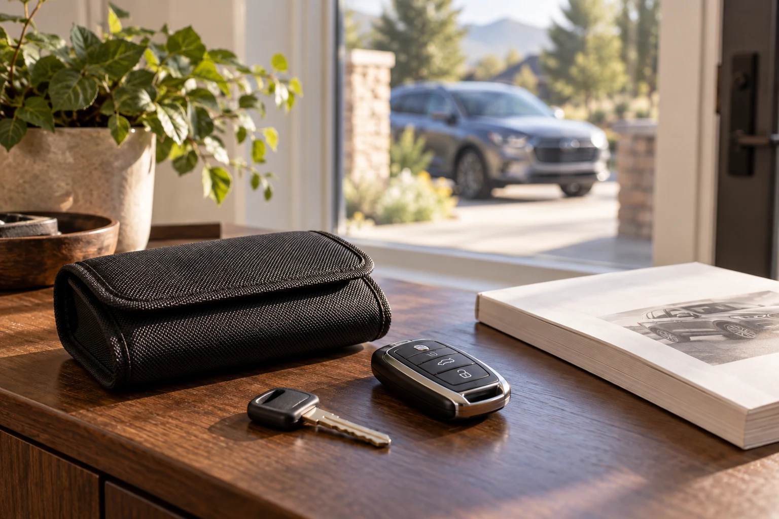 Key fob, mechanical emergency key, and closed signal-blocking pouch near a parked car