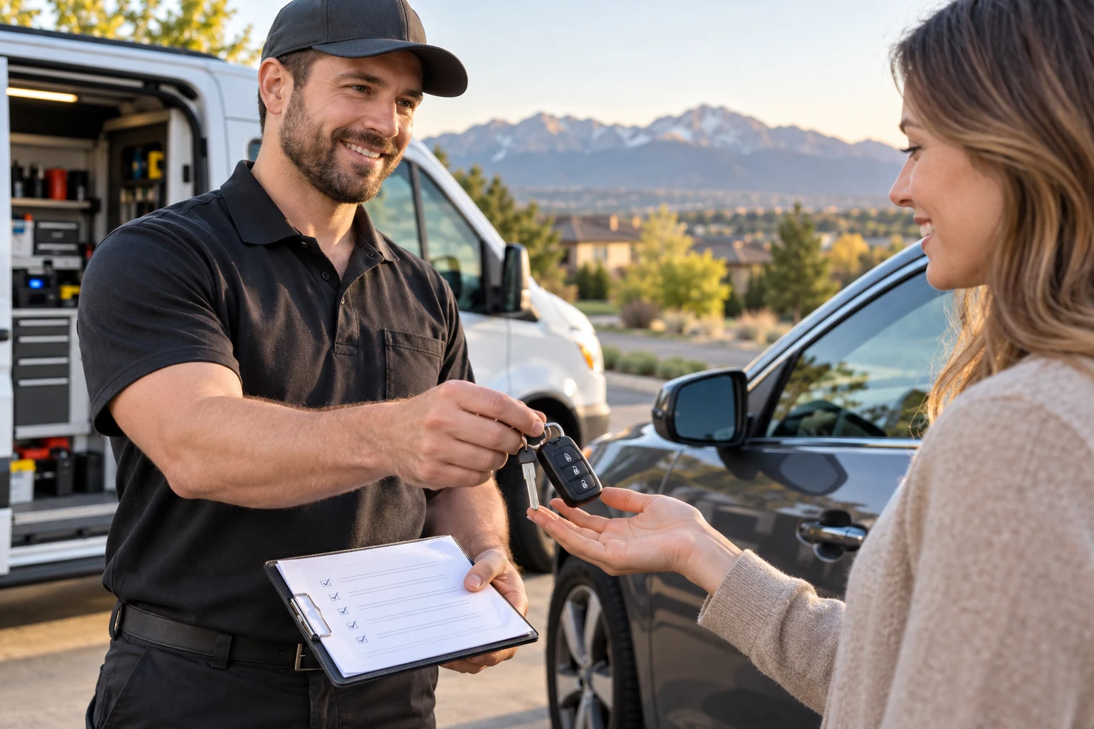 Automotive locksmith handing a tested replacement key fob to a Greenwood Village customer